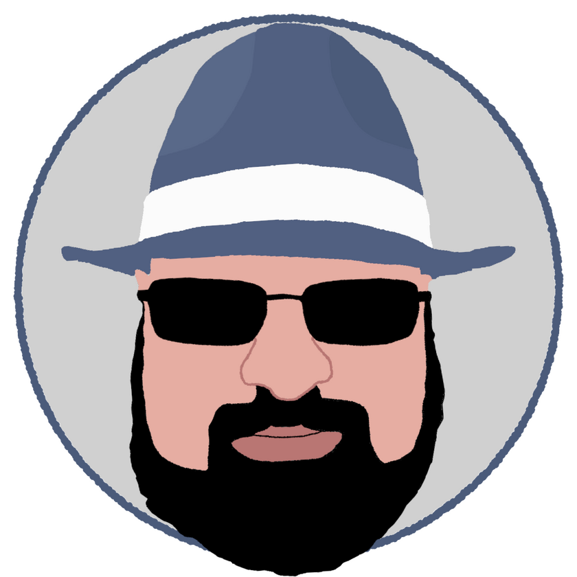 stylized image of Cameron Mount in a blue fedora and dark tinted glasses.