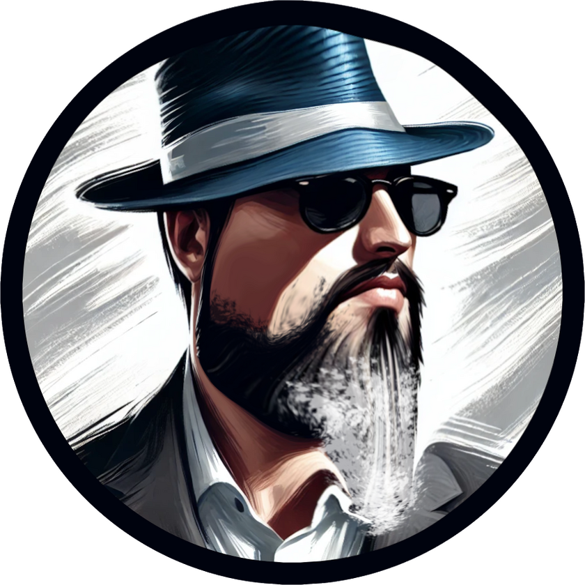 stylized image of Cameron Mount in a blue fedora and dark tinted glasses.